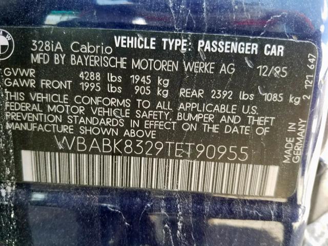 WBABK8329TET90955 - 1996 BMW 328 IC AUT BLUE photo 10