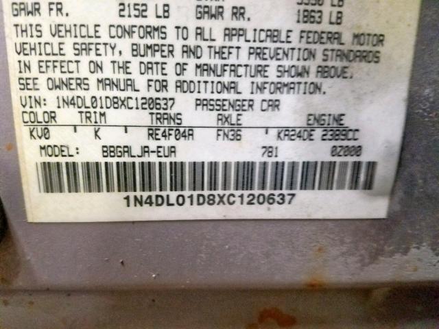 1N4DL01D8XC120637 - 1999 NISSAN ALTIMA XE GRAY photo 10