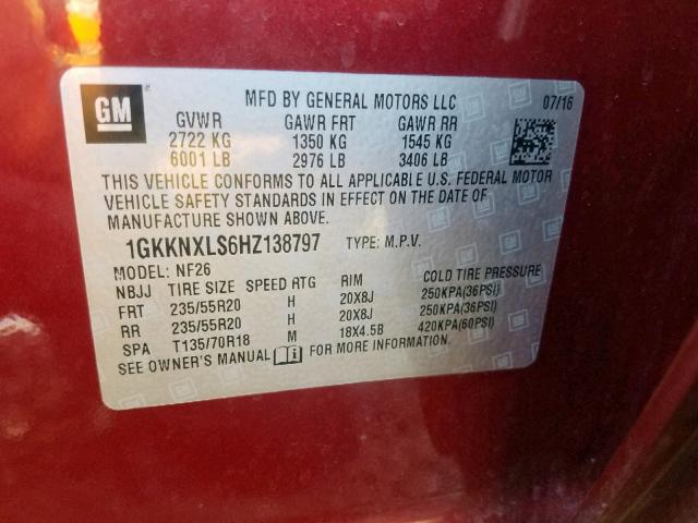 1GKKNXLS6HZ138797 - 2017 GMC ACADIA DEN RED photo 10