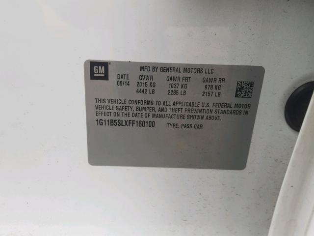 1G11B5SLXFF160100 - 2015 CHEVROLET MALIBU LS თეთრი ფოტო 10