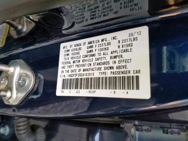 1HGCP2F36CA163919 - 2012 HONDA ACCORD LX  photo 10