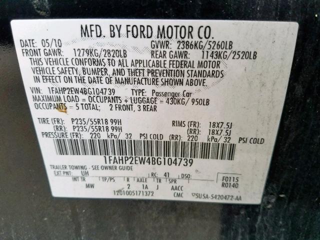 1FAHP2EW4BG104739 - 2011 FORD TAURUS SEL BLACK photo 10