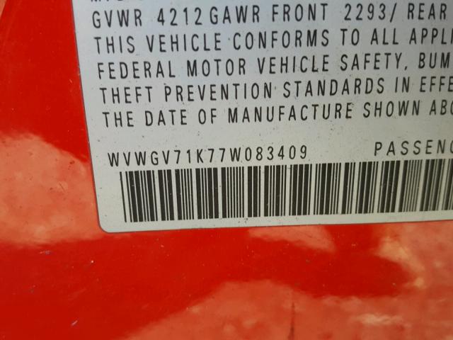 WVWGV71K77W083409 - 2007 VOLKSWAGEN NEW GTI RED photo 10