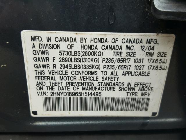 2HNYD18965H514495 - 2005 ACURA MDX TOURIN GRAY photo 10