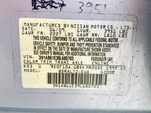 3N1AB61E39L680703 - 2009 NISSAN SENTRA 2.0 SILVER photo 10