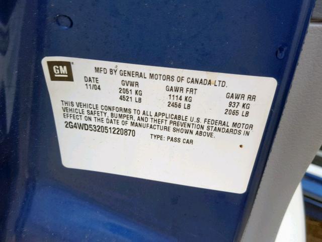 2G4WD532051220870 - 2005 BUICK LACROSSE C BLUE photo 10