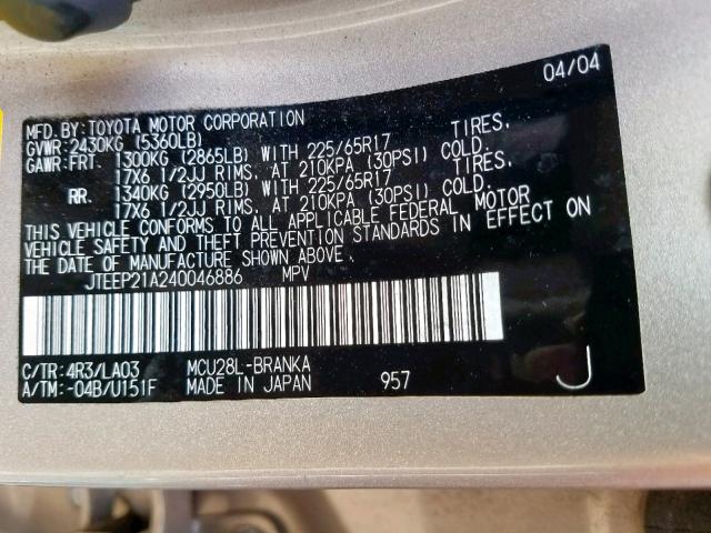 JTEEP21A240046886 - 2004 TOYOTA HIGHLANDER BEIGE photo 10