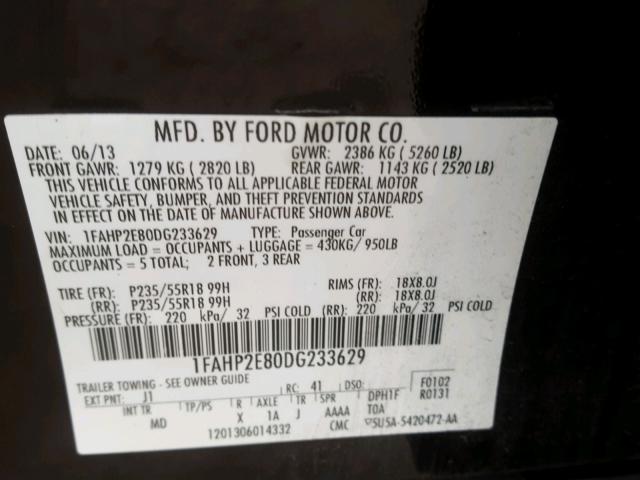 1FAHP2E80DG233629 - 2013 FORD TAURUS SEL BLACK photo 10