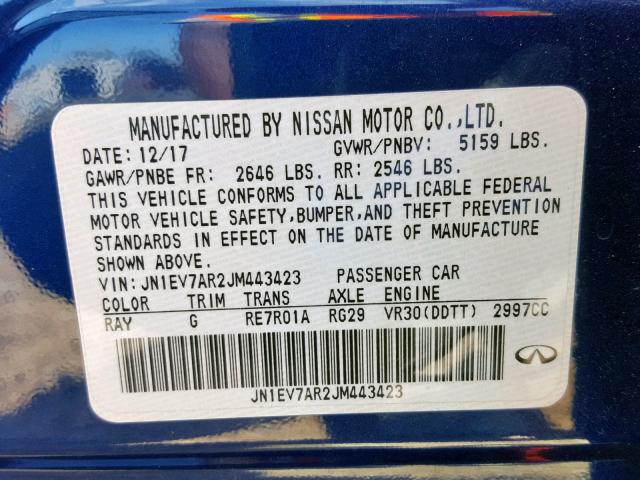 JN1EV7AR2JM443423 - 2018 INFINITI Q50 LUXE BLUE photo 10