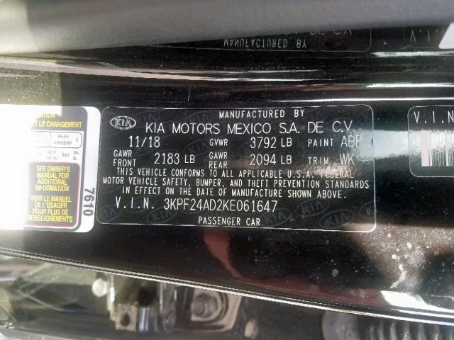 3KPF24AD2KE061647 - 2019 KIA FORTE FE BLACK photo 10