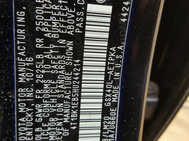 4T1BK1EB5HU244214 - 2017 TOYOTA AVALON XLE BLACK photo 10