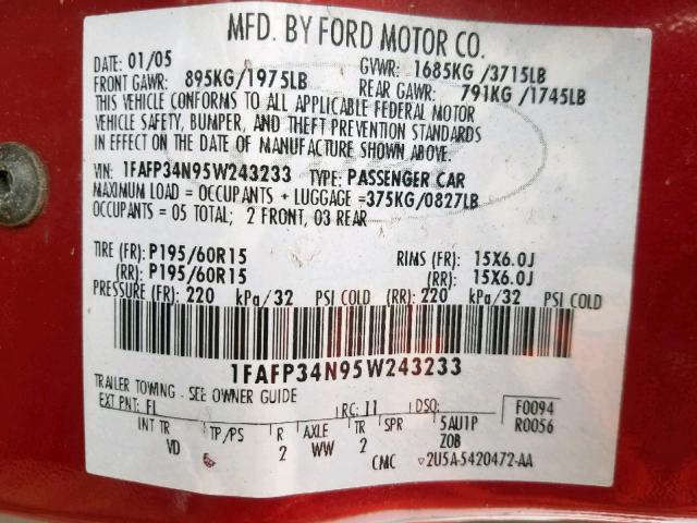 1FAFP34N95W243233 - 2005 FORD FOCUS ZX4 RED photo 10