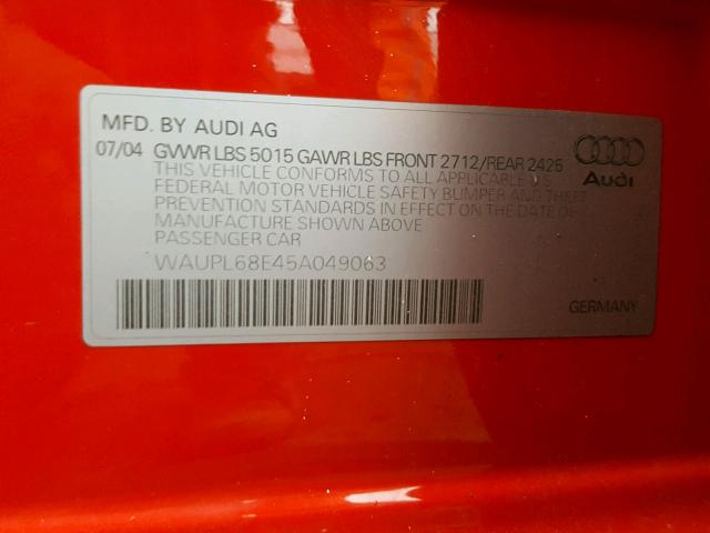 WAUPL68E45A049063 - 2005 AUDI S4 RED photo 10
