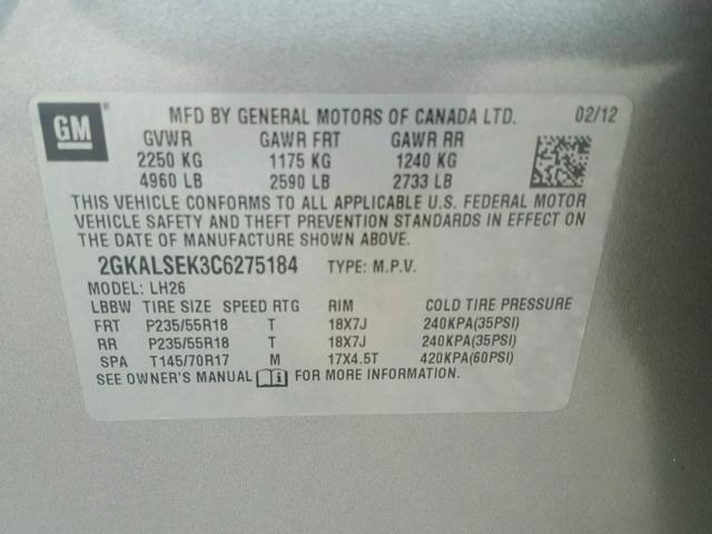 2GKALSEK3C6275184 - 2012 GMC TERRAIN SL SILVER photo 10