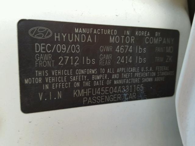 KMHFU45E04A331165 - 2004 HYUNDAI XG 350 WHITE photo 10