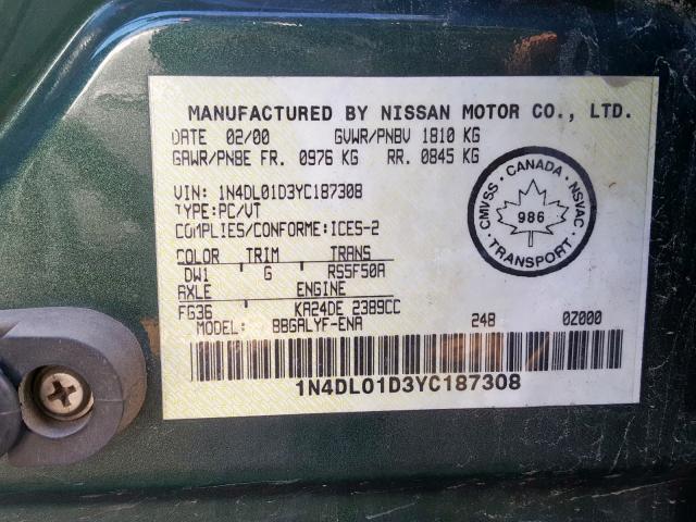 1N4DL01D3YC187308 - 2000 NISSAN ALTIMA XE GREEN photo 10