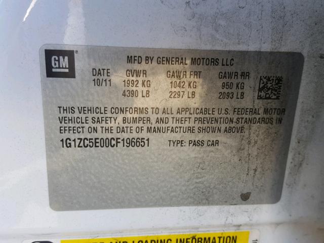 1G1ZC5E00CF196651 - 2012 CHEVROLET MALIBU 1LT WHITE photo 10