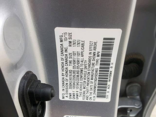 2HKRM3H7XGH503465 - 2016 HONDA CR-V EXL SILVER photo 10