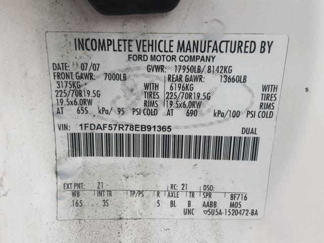 1FDAF57R78EB91365 - 2008 FORD F550 SUPER WHITE photo 10