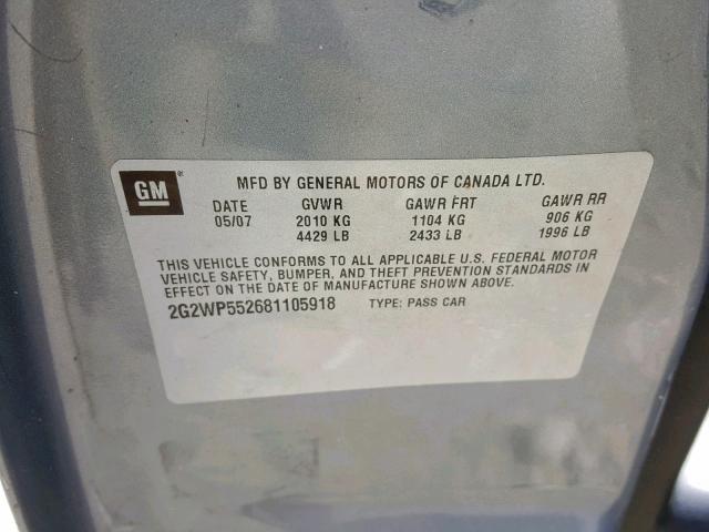 2G2WP552681105918 - 2008 PONTIAC GRAND PRIX GRAY photo 10