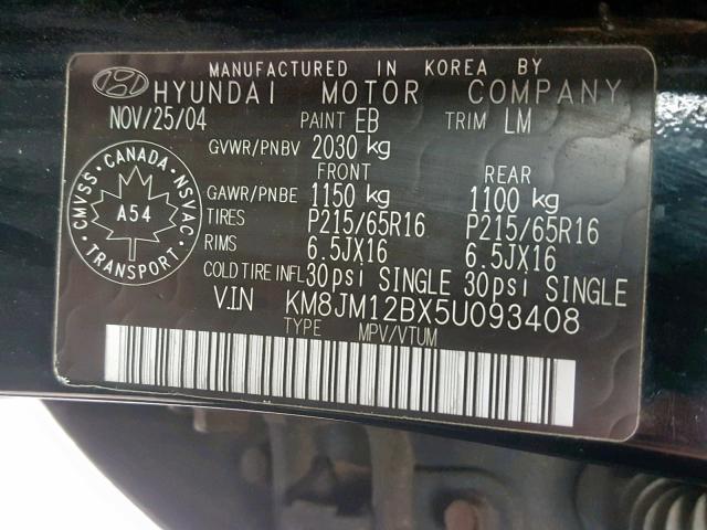 KM8JM12BX5U093408 - 2005 HYUNDAI TUCSON GL BLACK photo 10