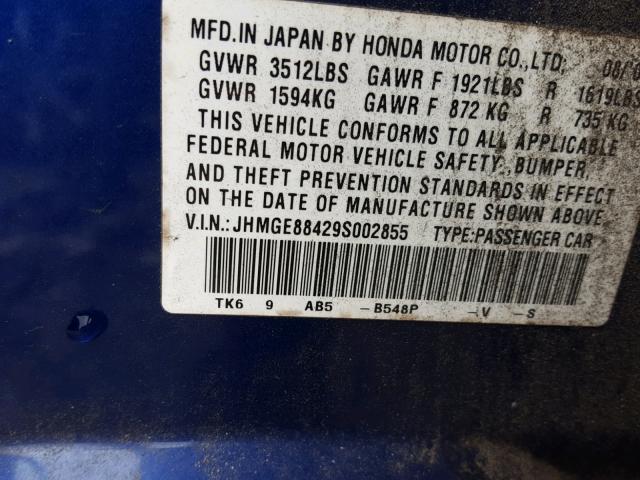 JHMGE88429S002855 - 2009 HONDA FIT SPORT BLUE photo 10