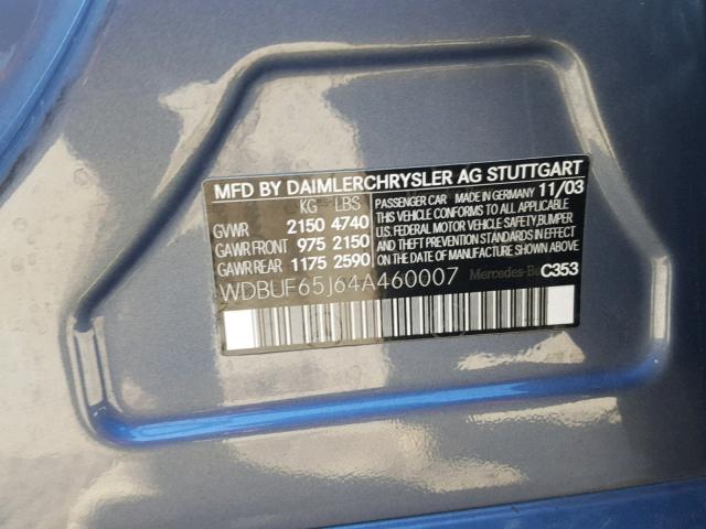 WDBUF65J64A460007 - 2004 MERCEDES-BENZ E 320 BLUE photo 10