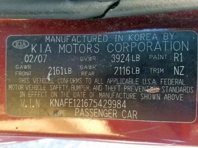 KNAFE121675429984 - 2007 KIA SPECTRA EX MAROON photo 10