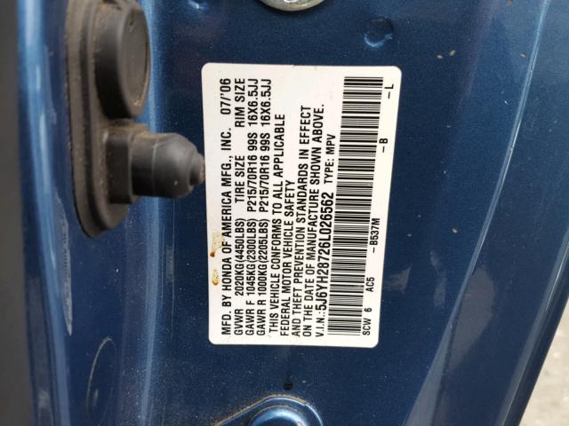 5J6YH28726L026562 - 2006 HONDA ELEMENT EX BLUE photo 10