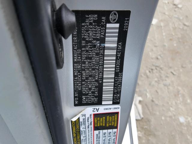 4T1BK3DB1BU373670 - 2011 TOYOTA AVALON BAS SILVER photo 10