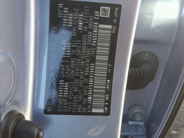 JHMCR6F58HC020465 - 2017 HONDA ACCORD HYB BLUE photo 10