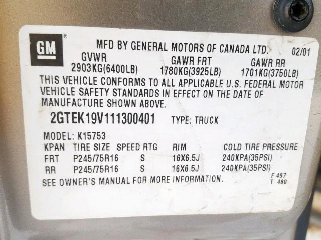 2GTEK19V111300401 - 2001 GMC NEW SIERRA SILVER photo 10