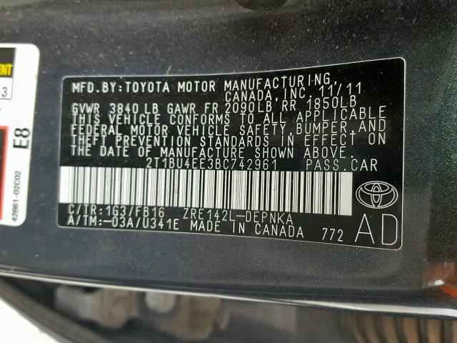 2T1BU4EE3BC742961 - 2011 TOYOTA COROLLA BA GRAY photo 10