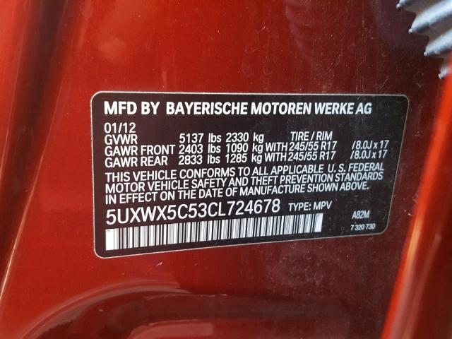 5UXWX5C53CL724678 - 2012 BMW X3 XDRIVE2 RED photo 10
