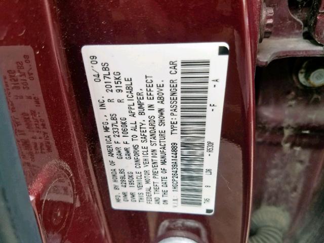 1HGCP26439A144889 - 2009 HONDA ACCORD LXP BURGUNDY photo 10