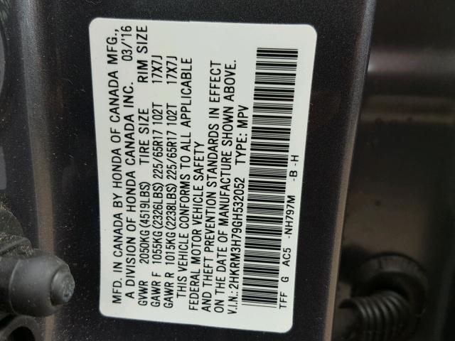 2HKRM3H79GH532052 - 2016 HONDA CR-V EXL GRAY photo 10