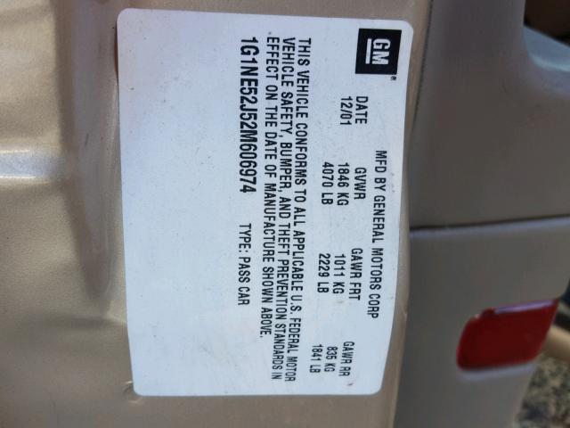 1G1NE52J52M606974 - 2002 CHEVROLET MALIBU LS GOLD photo 10