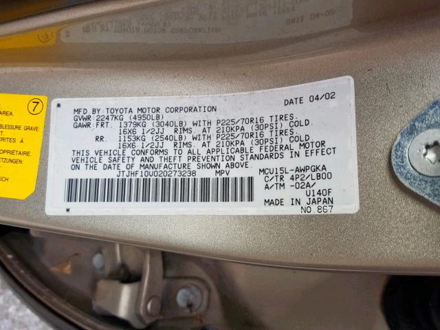 JTJHF10U020273238 - 2002 LEXUS RX 300 BROWN photo 10