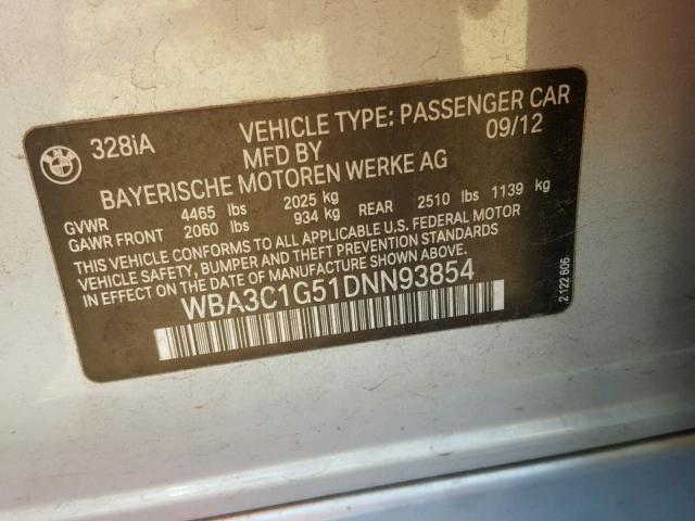 WBA3C1G51DNN93854 - 2013 BMW 328 I SULE SILVER photo 10