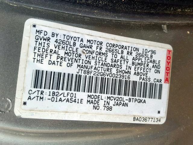 JT8BF22G6V0023916 - 1997 LEXUS ES 300 GRAY photo 10