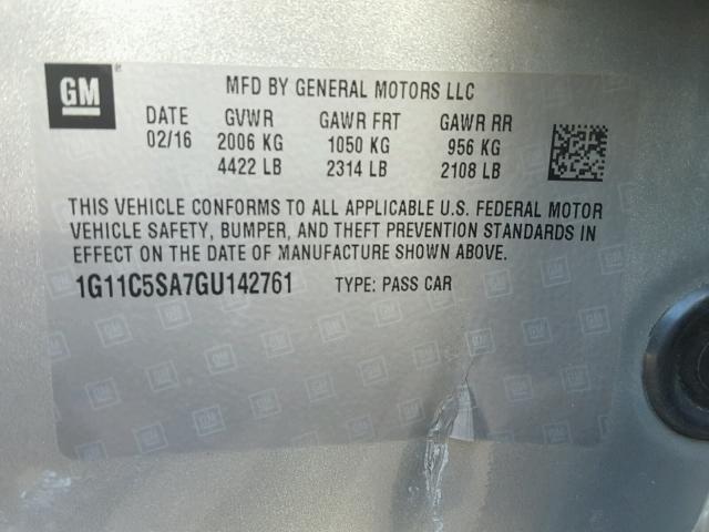 1G11C5SA7GU142761 - 2016 CHEVROLET MALIBU LIM 银色 照片 10