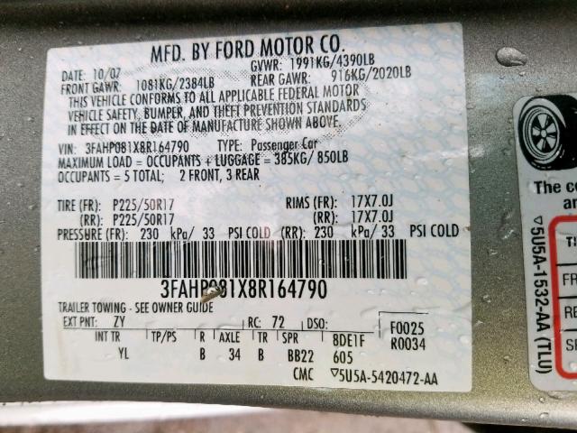 3FAHP081X8R164790 - 2008 FORD FUSION SEL SILVER photo 10