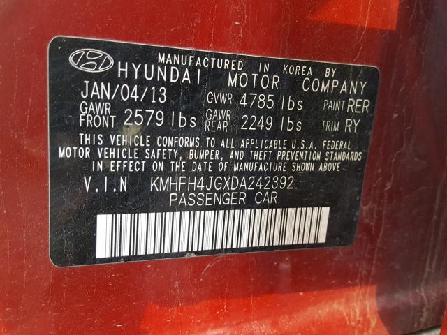 KMHFH4JGXDA242392 - 2013 HYUNDAI AZERA GLS BURGUNDY photo 10