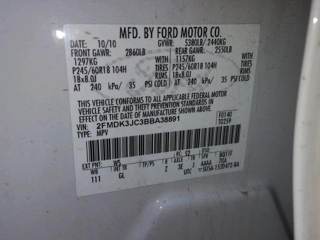 2FMDK3JC3BBA38891 - 2011 FORD EDGE SEL CREAM photo 10