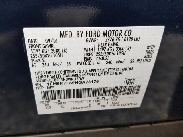 1FM5K7F89HGA73176 - 2017 FORD EXPLORER L BLUE photo 10