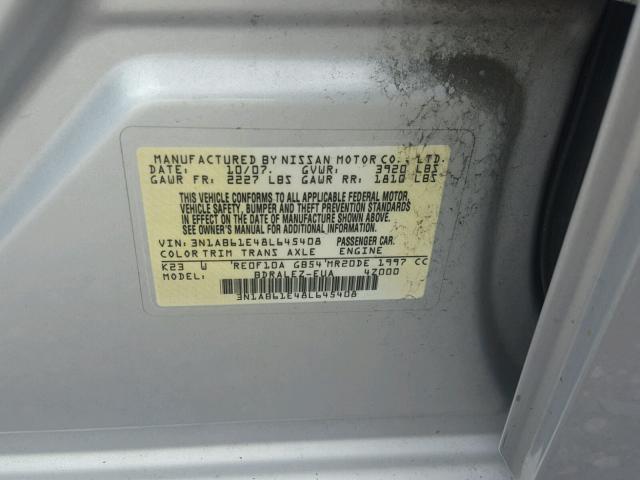 3N1AB61E48L645408 - 2008 NISSAN SENTRA 2.0 SILVER photo 10