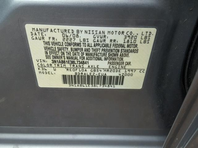 3N1AB61E38L734841 - 2008 NISSAN SENTRA 2.0 GRAY photo 10