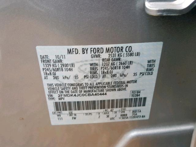 2FMDK4JC0CBA40444 - 2012 FORD EDGE SEL SILVER photo 10