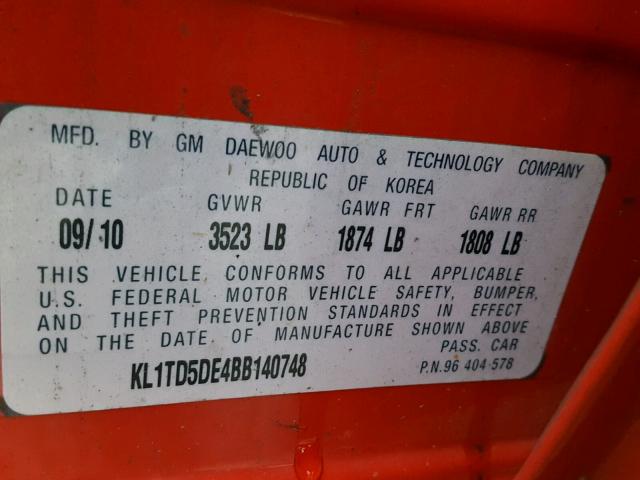 KL1TD5DE4BB140748 - 2011 CHEVROLET AVEO LS RED photo 10