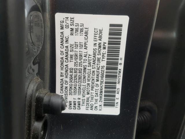 2HKRM4H79EH660276 - 2014 HONDA CR-V EXL GRAY photo 10